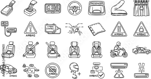 Automotive Airbag System Icons - Black and White Line Art Symbols for Car Safety