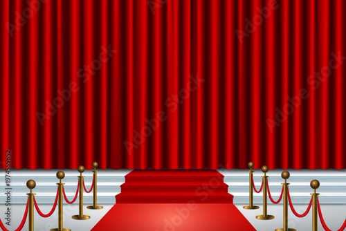 Red carpet leading to stage with velvet curtain