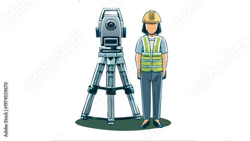 Surveying engineer standing next to theodolite instrument representing construction measurement work vector
