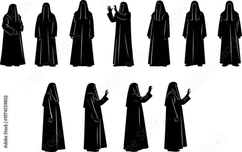 Set of Muslim Woman in Niqab and Abaya Silhouettes with Various Hand Gestures and Poses for Islamic Fashion Design Templates