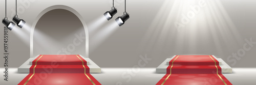 Red carpet stage platforms with bright spotlights