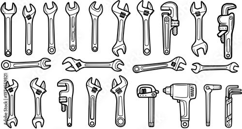 Black and White Line Art Vector of Various Wrenches and Tools, Construction and Repair Equipment