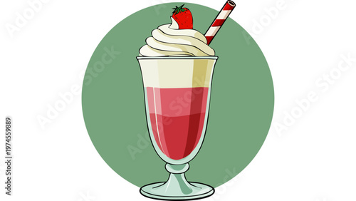 Tall glass of layered strawberry dessert drink topped with whipped cream and straw creating refreshing sweet beverage scene vector