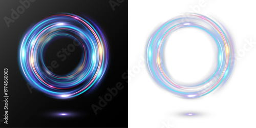 Light neon multicolor glowing circular ring isolated on black background futuristic energy loop effect.
