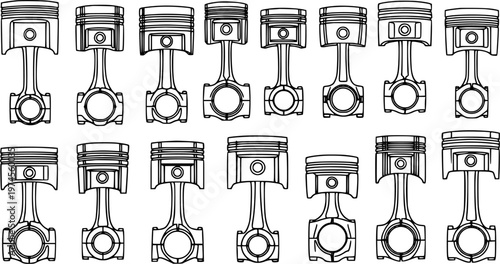 Automotive Engine Pistons and Connecting Rods Black and White Line Art Blueprint Style Set for Mechanical Engineering and Car Repair Design