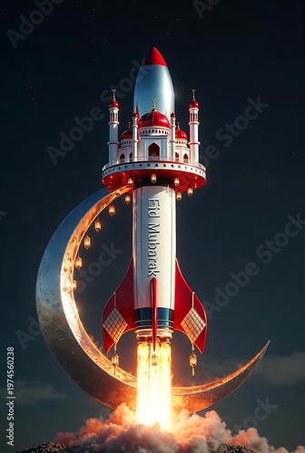 Rocket Mosque Launching with Crescent Moon - A Fusion of Faith and Technology.
