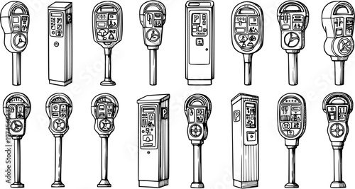 Hand-Drawn Black and White Line Art Vector Collection of Parking Meters for Urban Transportation and City Services Infrastructure.