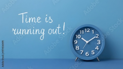 Time is running concept with alarm clock urgency deadline pressure productivity countdown management and time control minimalist blue background