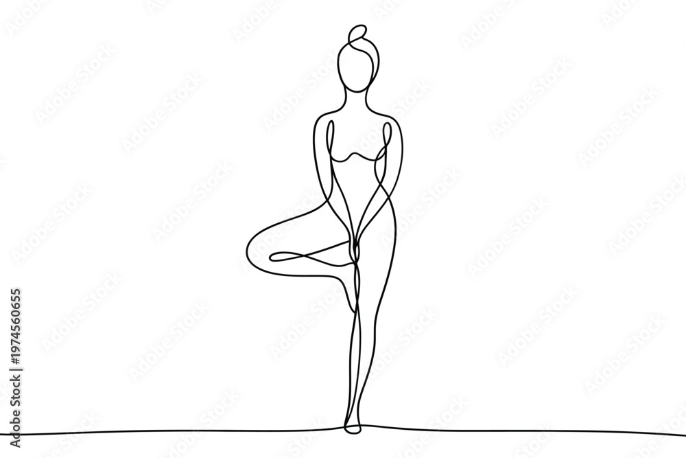 Fototapeta premium Minimalist line drawing of a woman practicing a yoga tree pose