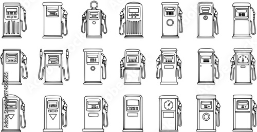 Automotive Fuel Industry Black and White Line Art Icons Collection of Gas Pumps and Petrol Dispensers for Service Stations Vector Set
