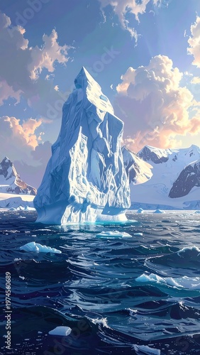 A large iceberg floats in dark waters under a vibrant sky