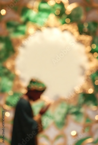 Blurred figure in front of decorative backdrop with lights.