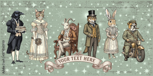 Vintage animal characters dressed as Victorian gentlemen, engraving illustration of people with animal head