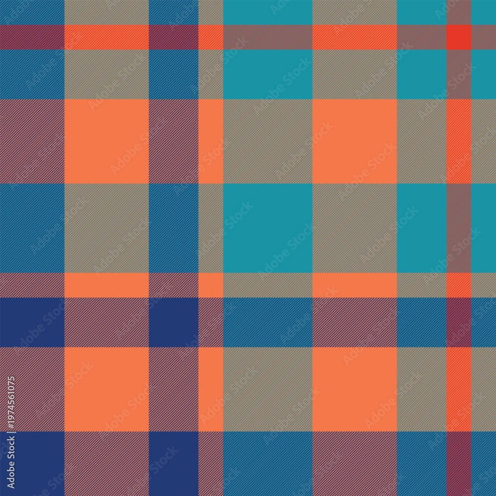 Fototapeta premium Grid tartan vector texture, herringbone fabric textile plaid. Vogue pattern check background seamless in orange and cyan colors.