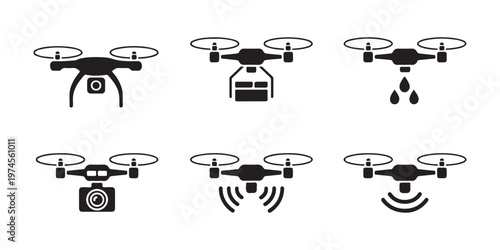 Drone vector icon set. modern aerial vehicle technology. future flying machine line sign. uav symbols.
