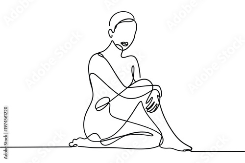 Minimalist line drawing of a woman seated in a contemplative pose