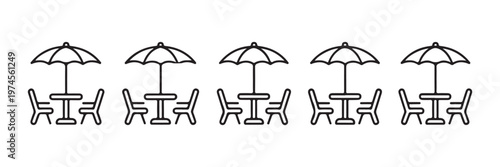 Outdoor cafe tables with umbrellas chairs for seating arrangement and dining experience.