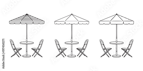 Three outdoor cafe tables with umbrellas and chairs, simple line art illustrations on white background.