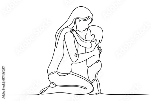 A mother tenderly embracing her baby in a continuous line drawing