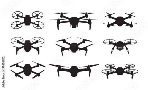 Nine drone silhouettes top view and front view showing different models and rotor arrangements on white.