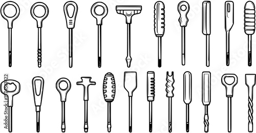 Black and White Line Art Set of Diverse Hand Tools: Drivers, Picks, Awls, Reamers, and Bottle Openers for DIY, Hardware, and Repair Industries
