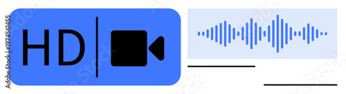 HD video. HD video highlighted with camera icon and audio waveform design. HD video for streaming platforms, online content, and multimedia production. Perfect for media, technology, content