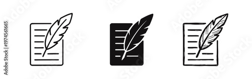 Quill Pen and Paper Icon Collection. Writing, Literature, and Document Symbols in Outline, Solid, and Sketch Styles.