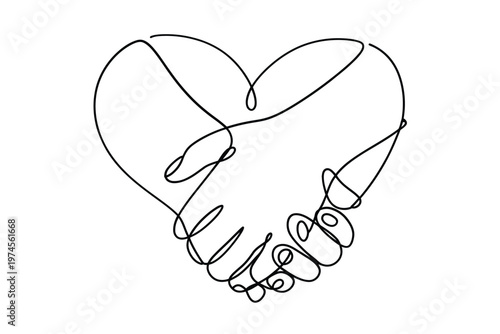 A continuous line drawing depicts a handshake forming a heart shape