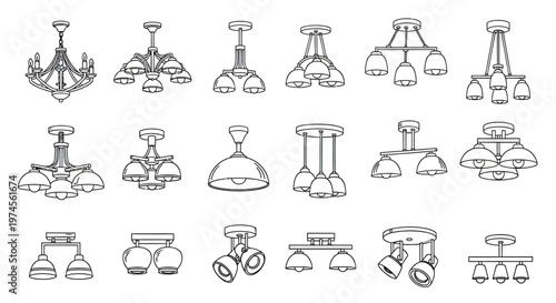 ceiling light outline icon set with decorative lamp collection