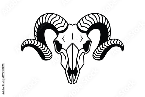 A striking black and white illustration of a ram skull with curved horns