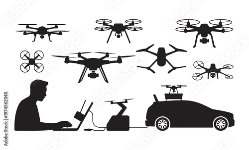 Drone technology silhouette set featuring quadcopters car station and operator working on laptop for mission.