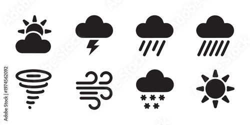 Weather icon set with sun clouds rain snow storm wind tornado symbols for meteorology forecast mobile app web.