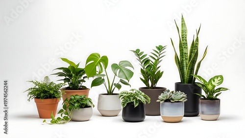 Collection of Diverse Potted Houseplants Against a White Background.