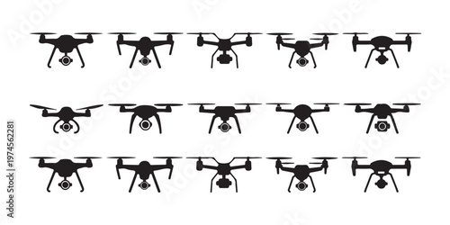 Set of various drone icons. different styles of quadrocopters with cameras. vector illustration.