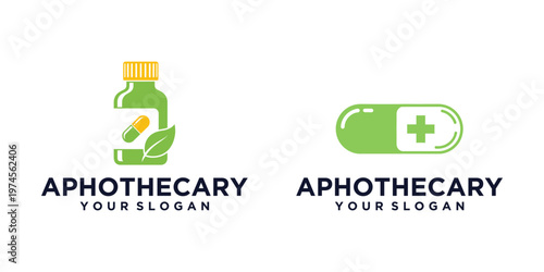 Apothecary logo design set featuring a medicine bottle and herbal pill capsule icons.