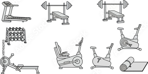 Gym equipment outline icon set with treadmill bike and dumbbell machines