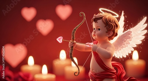 Cupid figurine aiming bow with heart-shaped arrow by candles  