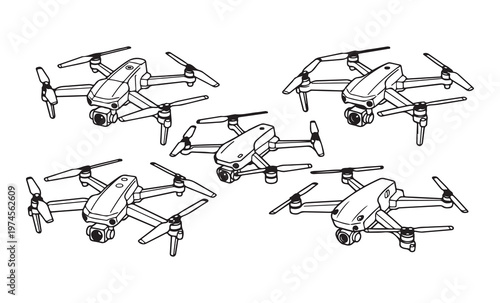 Group of five quadcopter drones for aerial photography and videography depicted in a black and white sketch.