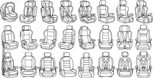 Automotive Car Seats, Baby and Child Safety Seats Black and White Line Art Vector Illustration Set