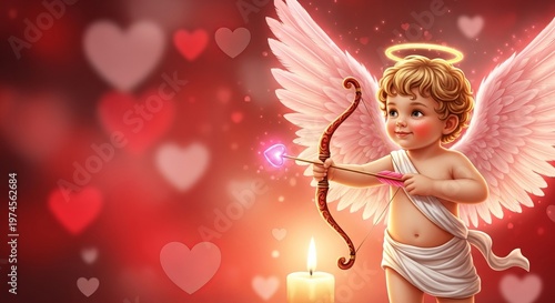 Cherubic angel with bow and arrow amidst heart shapes and candlelight  