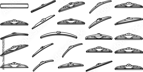 Automotive Windshield Wiper Blades and Frames Line Art Vector Icons Set for Car Parts and Maintenance