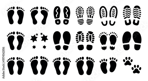 Human bare walk footprints and shoes kids feet vector set footsteps icon for path trail navigation route and follow track illustration
