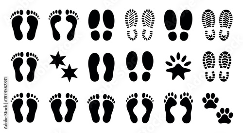 Human bare walk footprints and shoes kids feet vector set footsteps icon for trail path walking route and follow direction illustration