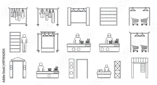 Bathroom furniture and sink outline set with vanity towel rack and shower elements