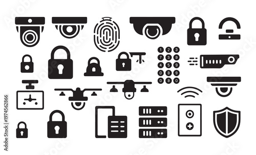 Surveillance and security system icons including cameras locks fingerprint scanner and data server silhouettes.