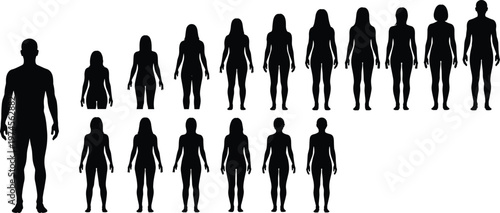 Black silhouettes of diverse men and women in various body sizes and heights standing in rows isolated on a white background
