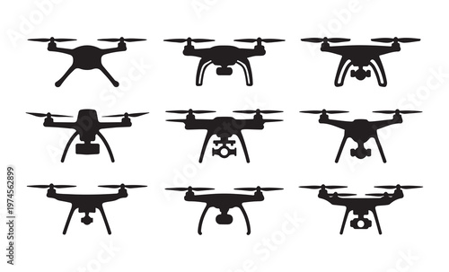 Set of drone silhouettes for aerial photography technology showing various quadcopter designs for hobbyist use.