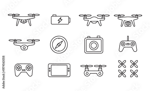 Modern quadcopter and uav line icons set showing various drone models remote controls and battery components.