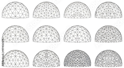 Geodesic dome wireframe set with architectural hemisphere structure outlines