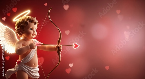 Cherubic angel holding bow and arrow with hearts on red background  